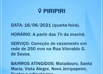 COMUNICADO AGESPISA | Correção de vazamento na rua Vilovaldo G. de Sousa
