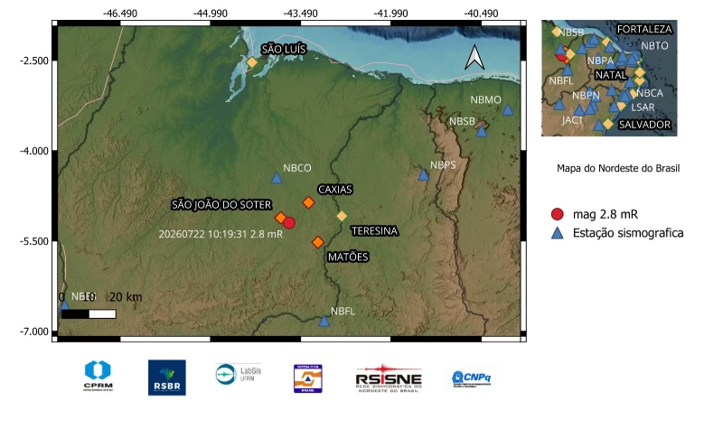 Tremor de magnitude 2,8 é registrado em Caxias (MA) na manhã desta quarta-feira (22)
