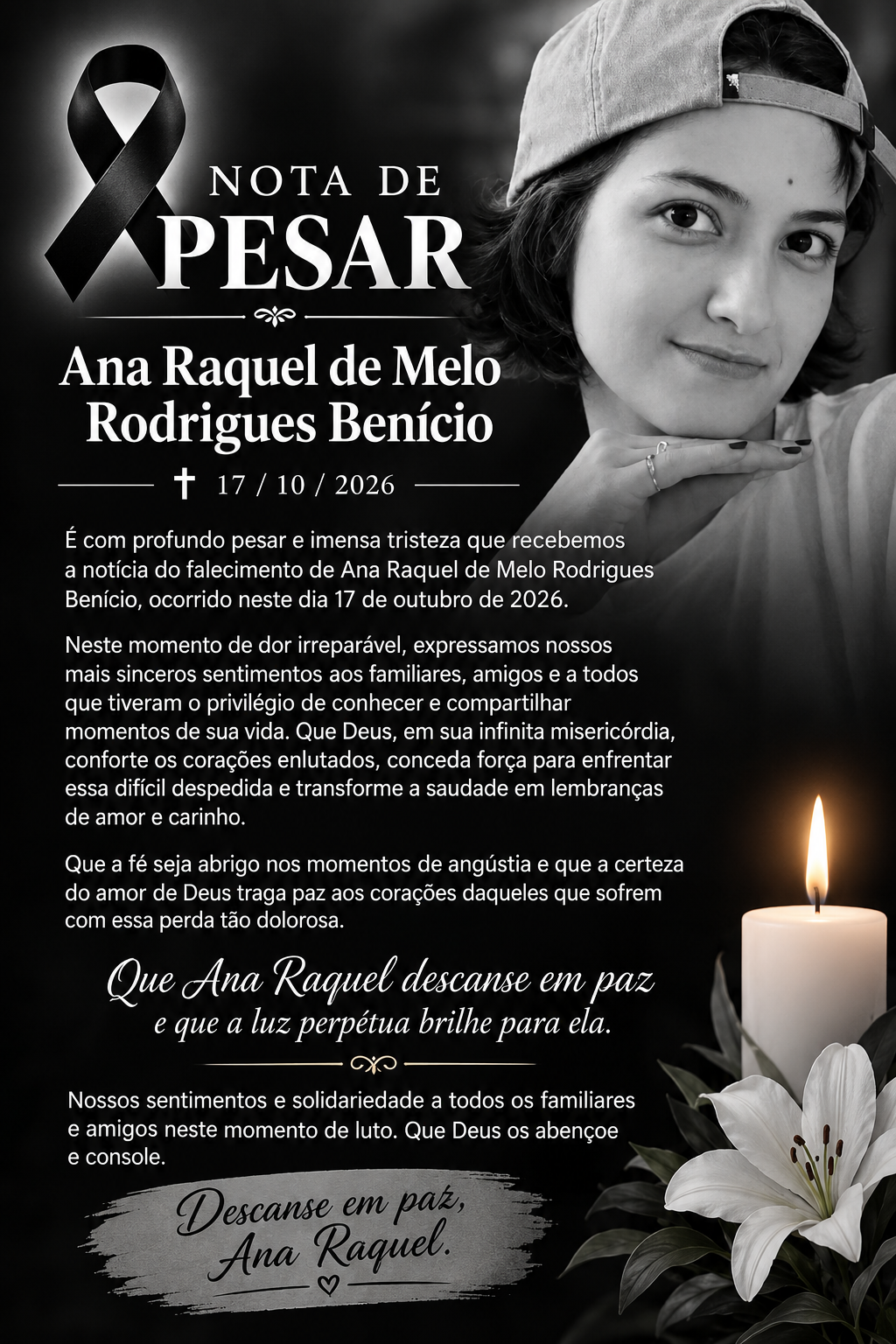 Nota de falecimento NOTA DE PESAR | ANA RAQUEL DE MELO RODRIGUES BENÍCIO